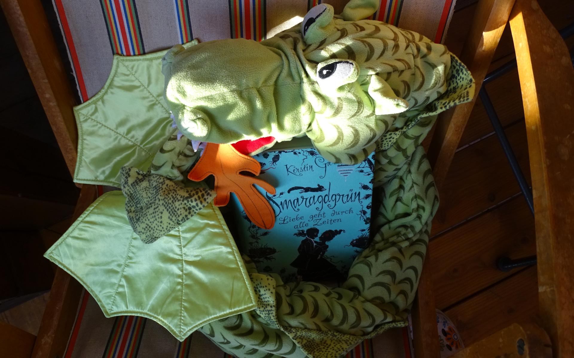 Stroffdrache beschützt Buch